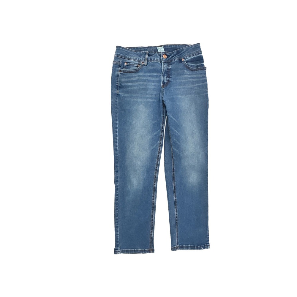 Time and Tru Blue Straight Leg Jeans Womens 12 Petite Stretch‎ Mid Rise Denim
